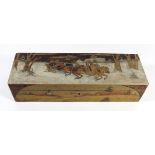 A 19th Century Russian Poker work and carved wood glove box The cover decorated with figures in a