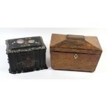 A Victorian lacquered papier mache tea caddy Having ribbed body with mother of pearl inlay and