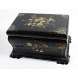 A Victorian lacquered papier mache tea caddy Of rectangular hand-painted with fruit and flowers with