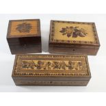 Three 19th Century Tunbridge ware boxes To include glove box, length 25cm, tea caddy length 12cm,