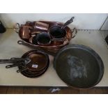 A mixed lot of various assorted copper saucepans, frying pans, copper measures and other items