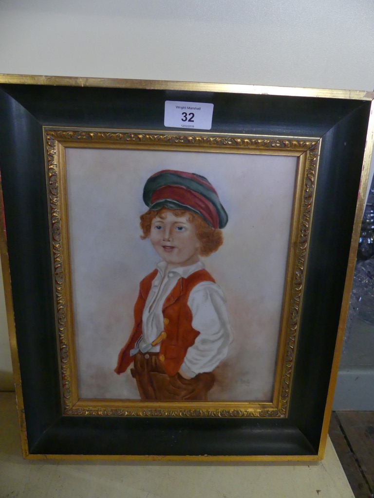 A three quarter length portrait of a young boy in 19th Century outfit Painted on porcelain,
