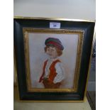 A three quarter length portrait of a young boy in 19th Century outfit Painted on porcelain,