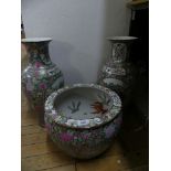 A pair of modern Chinese baluster vases and a similarly decorated fish bowl (3)