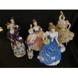 A mixed lot of figurines comprising Royal Doulton 'Helen', 'Christine', a pair of Sitzendorf hunting