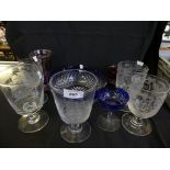 A mixed lot comprising five various etched rummer glasses, two German ruby glass goblets, a blue