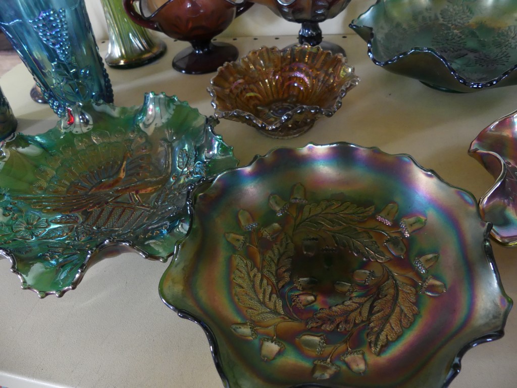 A large collection of Carnival glass, to include three flared lip vases, a pair of blue tinted - Image 6 of 8