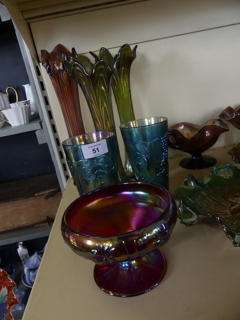 A large collection of Carnival glass, to include three flared lip vases, a pair of blue tinted - Image 3 of 8