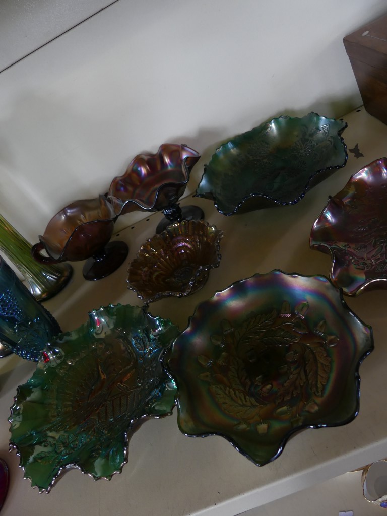 A large collection of Carnival glass, to include three flared lip vases, a pair of blue tinted - Image 7 of 8