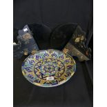 A mixed lot comprising Iznik circular footed dish (af) together with a further pair of black