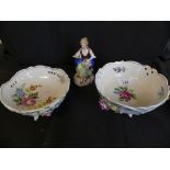 Two 20th Century Dresden circular footed bowls with floral decoration, together with a further small