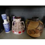 Three Bavarian studioline vases, together with a West German Fat Lava double handled vase, two
