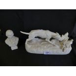 A small Parian ware bust Burns, together with a Parian ware model of a Pointer dog and partridge,