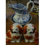 A mixed lot comprising a pair of Staffordshire Spaniels, a blue and white jug and a Masons Ironstone