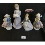 Four various Lladro figures of young ladies, to include example with a parasol, various sizes