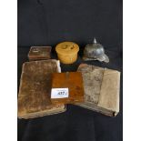 A mixed lot comprising a Mauchline ware cotton reel box, small Oriental polished copper trinket box,