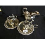 A mixed lot silver and plated wares to include various cruet items, chambersticks, decanter label