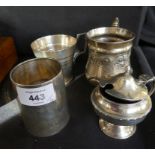 A mixed lot comprising two hallmarked silver christening cups, together with a further silver-plated