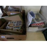 Two boxes of various stamp magazines and assorted loose and on paper stamps.