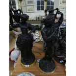 A pair of 19th Century black painted plaster figural table lamps Modelled in the form of water