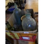 A mixed lot of Vintage apothecary bottles, large poison jars, small stoneware egg crock and other