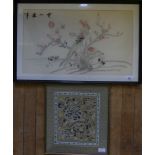 A 20th Century Oriental silkwork picture of birds and flowers, together with a smaller silkwork