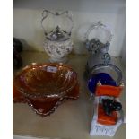 A mixed lot comprising Carnival glass dishes, biscuit barrel, tobacco jar, glass vases, lucky Manx