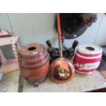 A Doulton stoneware barrel, a copper warming pan, a Wade port barrel and a carved hardwood African