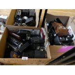 Three boxes of various assorted cameras, lens and other items