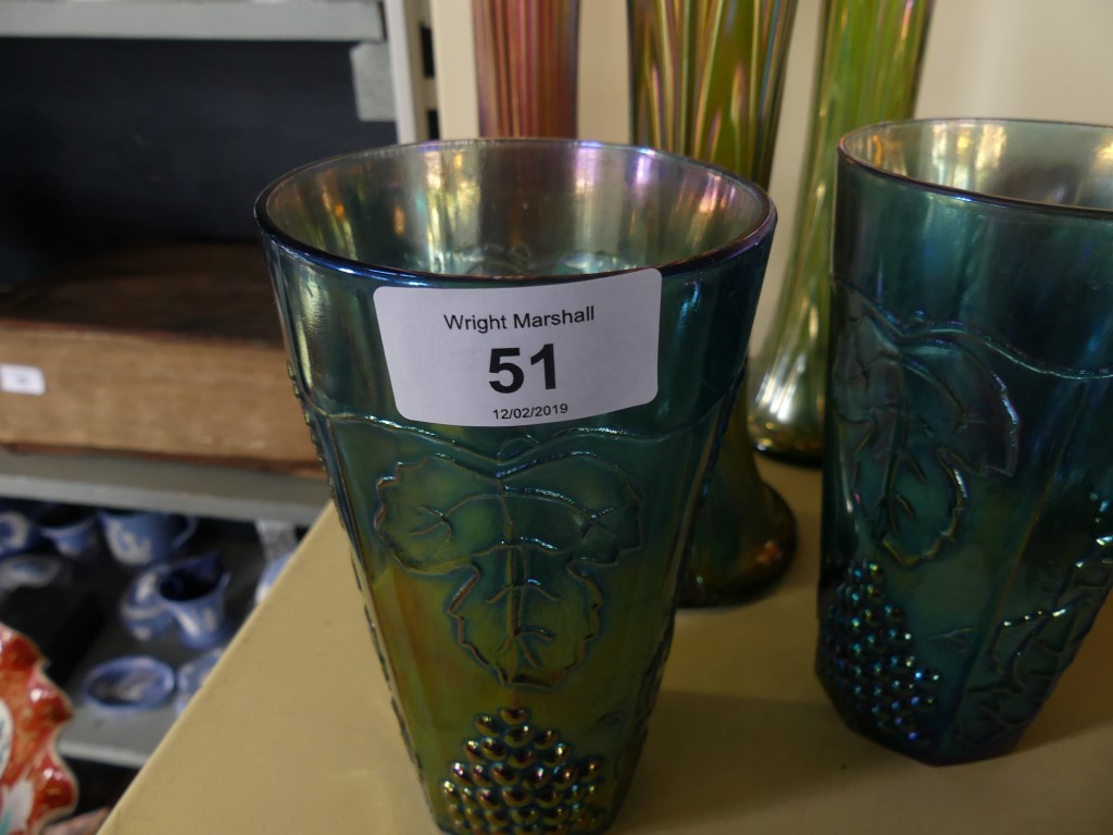 A large collection of Carnival glass, to include three flared lip vases, a pair of blue tinted - Image 2 of 8