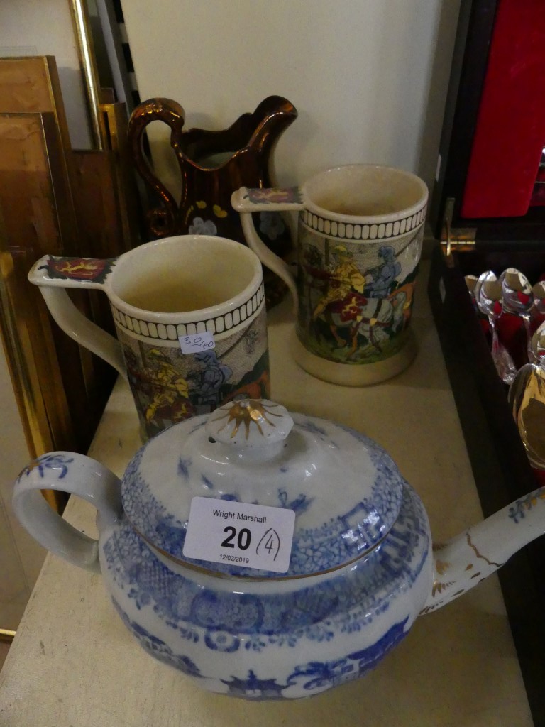 A pair of Royal Doulton tankards, pattern no. 2961, together with a 19th Century blue and white