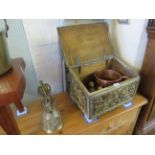 A brass wall mounted bell embossed with cherubs, a brass slipper box, 19th Century copper pot with