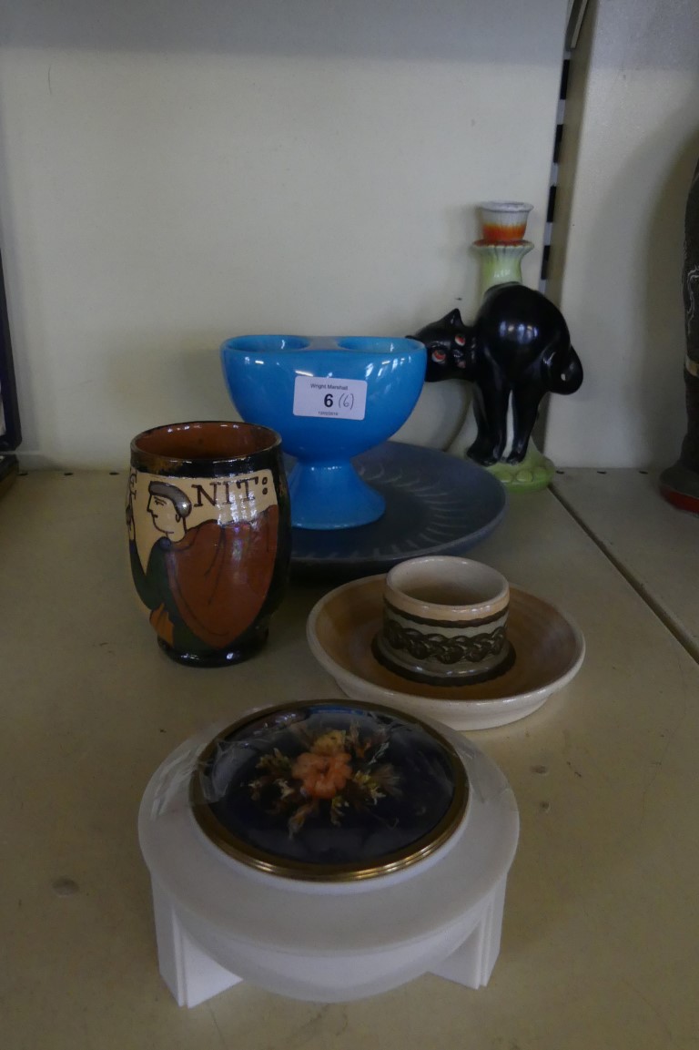 A mixed lot comprising Denby Pottery plate, a Beswick egg cup, a black cat candlestick and other