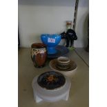 A mixed lot comprising Denby Pottery plate, a Beswick egg cup, a black cat candlestick and other