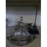 A mixed lot comprising silver-plated tray, candlestick, cake knife, circular stand, cased cutlery,