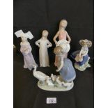 A collection of five various Lladro models of young girls, to include example with family of