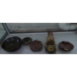 A mixed lot comprising a pair of shell formed marble ashtrays, a further Cornish Serpentine ashtray,