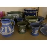 A collection of Wedgwood and other Jasperwares to include various jardinieres, pedestal bowl, vases,