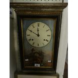 A 19th Century wall clock with painted metal face, decorated with an alpine scene