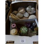 A mixed lot of various assorted seashells, a range of various hat pin stands, assorted perfume