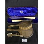 A mixed lot comprising silver backed dressing table brush and hand mirror together with silver-