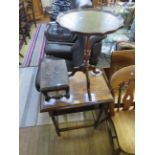 A 20th Century oak side table, carved oak stool and reproduction wine table