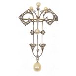 An early 20th Century diamond and natural pearl brooch The natural saltwater pearl, suspended from