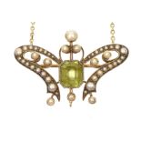 An early 20th Century peridot and split pearl pendant The rectangular shaped peridot within a