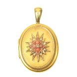 A Victorian coral diamond and split pearl locket The oval shaped hinged locket with rose cut