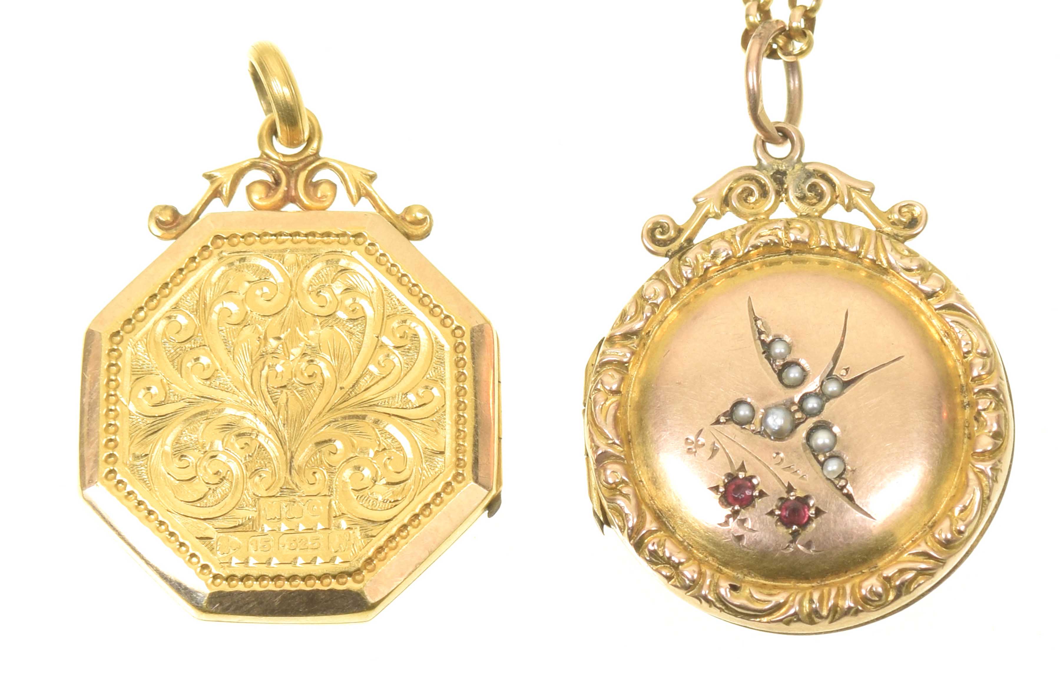 Two early 20th Century lockets To include a 15ct gold hexagonal shaped locket, together with a