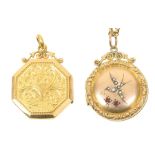 Two early 20th Century lockets To include a 15ct gold hexagonal shaped locket, together with a