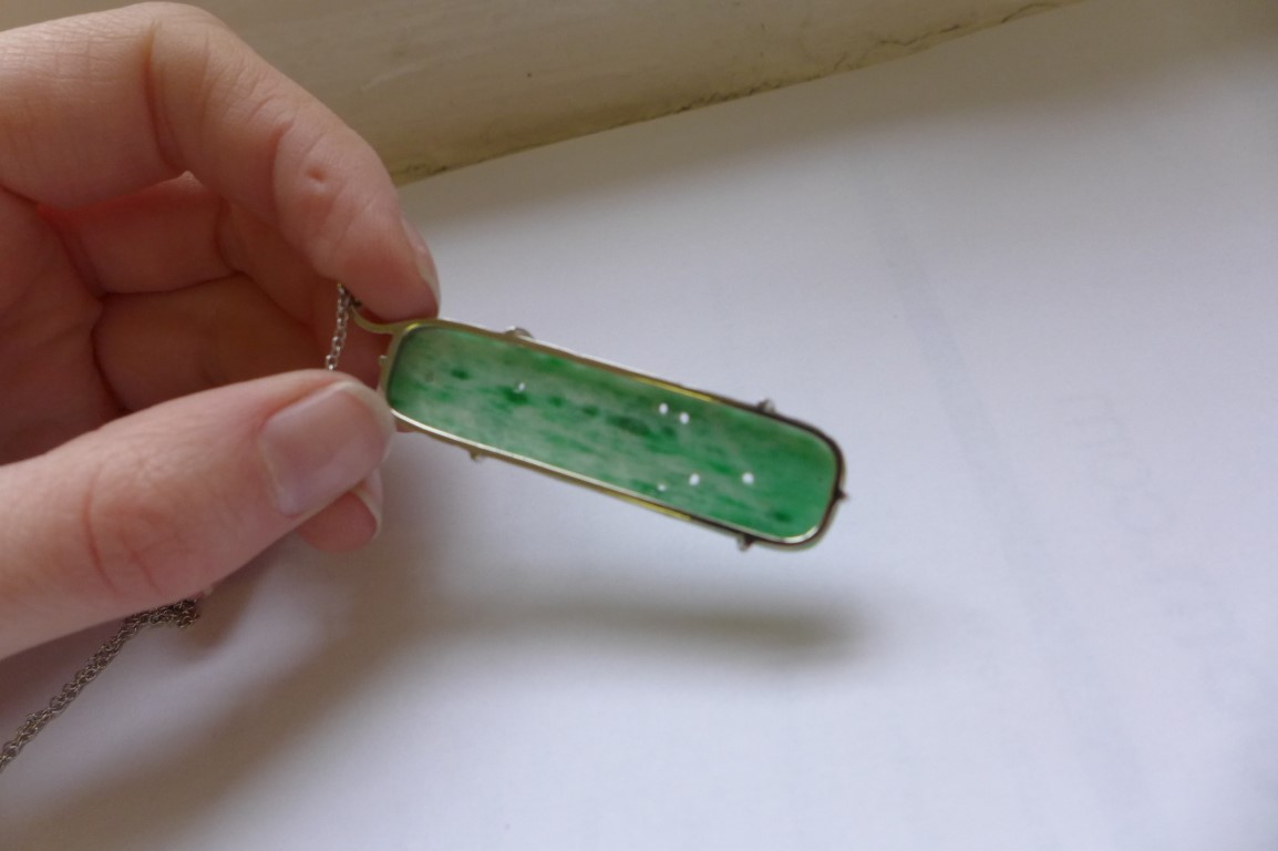 A jade and cultured pearl pendant The carved and pierced jadeite panel depicting gourds and fauna, - Image 6 of 17