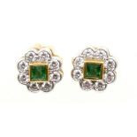 A pair of 18ct gold emerald and diamond earrings Each designed as a square shaped emerald within a