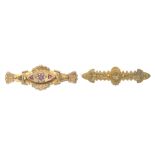 Two late 19th Century gem set brooches To include a rose cut diamond bar brooch with a foliate